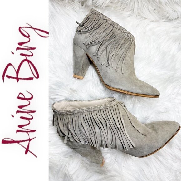 ANINE BING Irmelin Gray Suede Fringe Ankle Bootie, Size 37 - Picture 5 of 10
